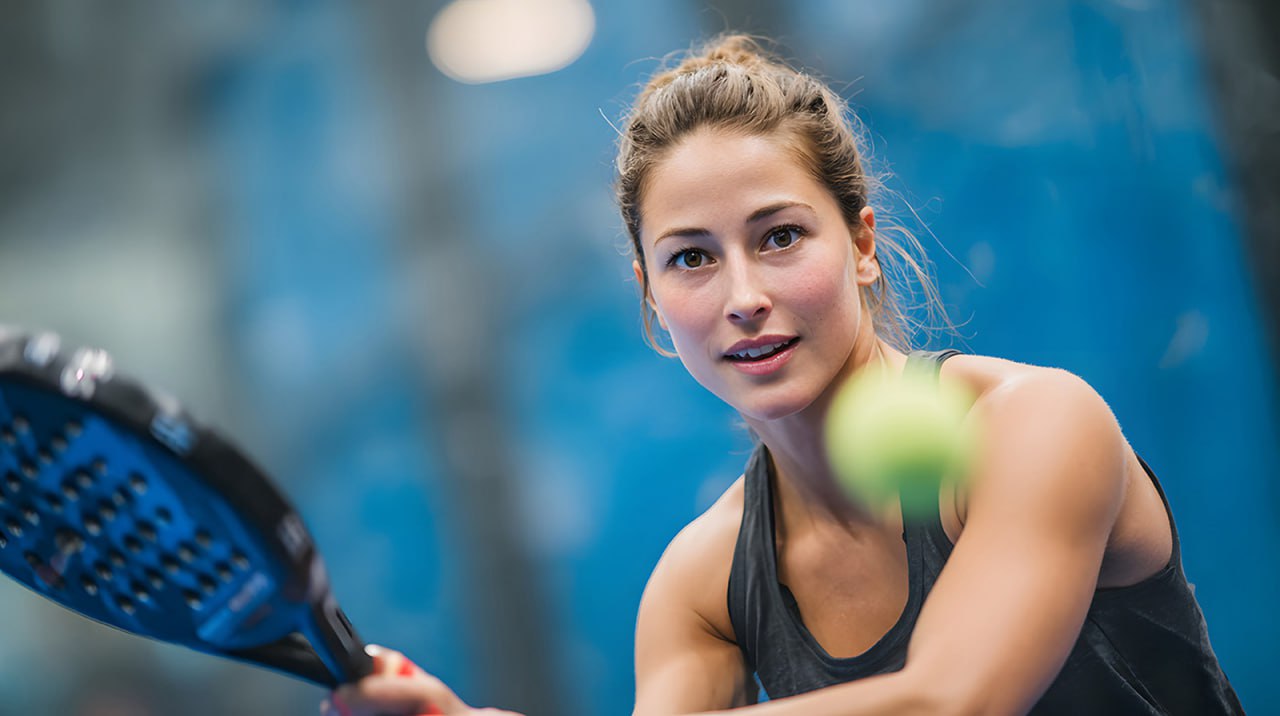 Woman hitting a padel shot against a glass-walled court during competitive play